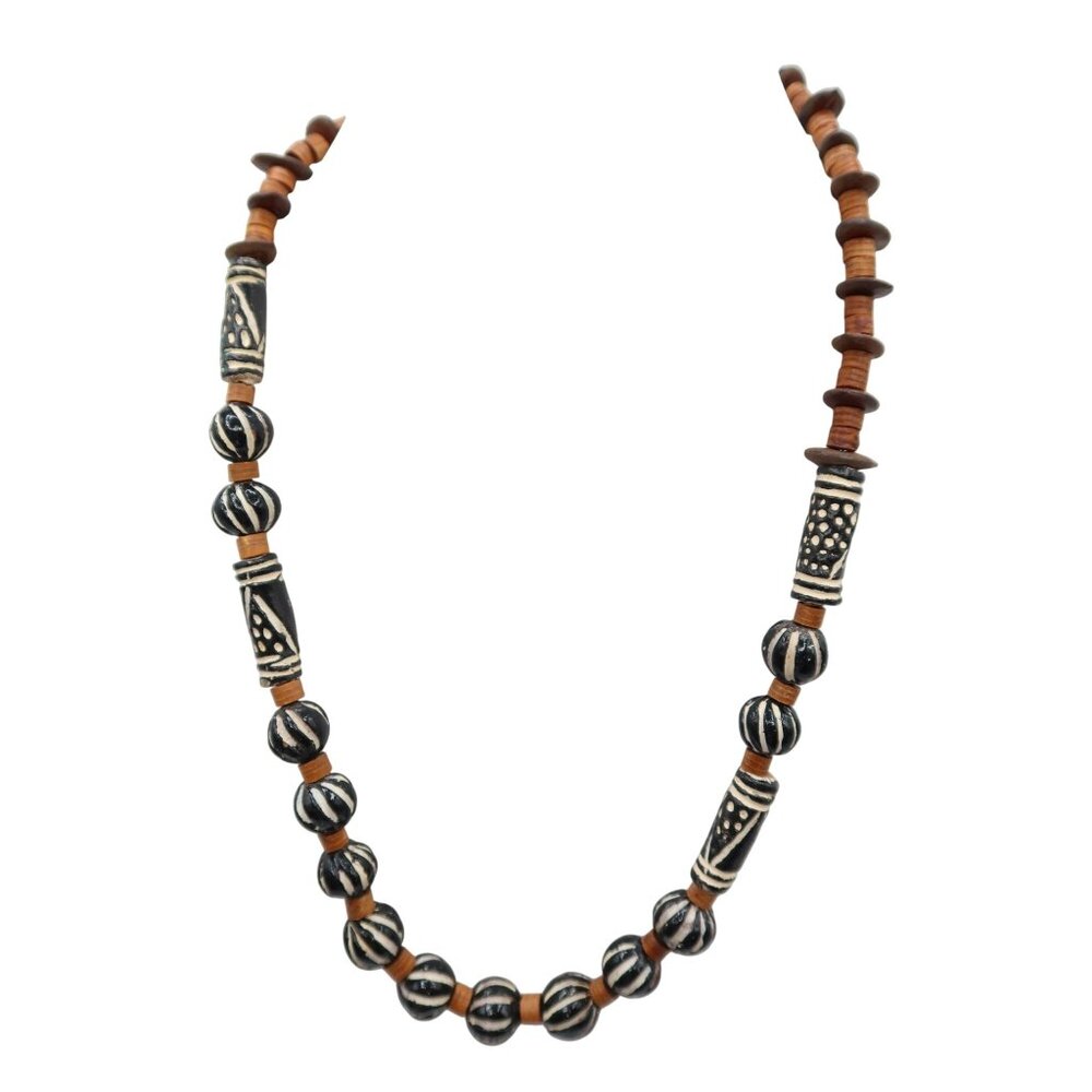 Vintage Handmade Carved Wood Painted Beaded Necklace Boho Hippie Tribal